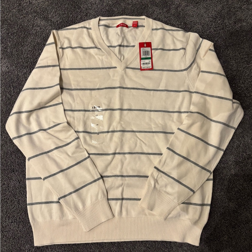 Izod Men's V-Neck Sweater in Cream and Gray